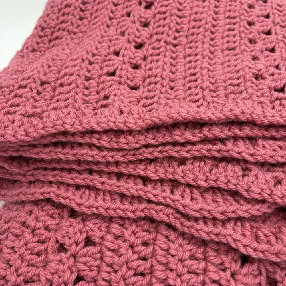 Vintage Hand Crocheted Afghan Throw Blanket Raspberry Approx 56